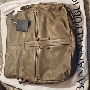 Banana Republic Taupe Leather Shoulder Bag with Gold Hardware